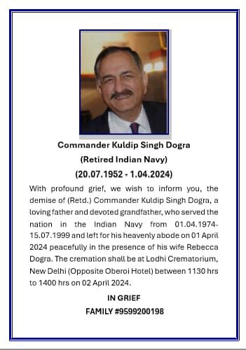 Obituary: Commander Kuldip Singh Dogra (01503-R)