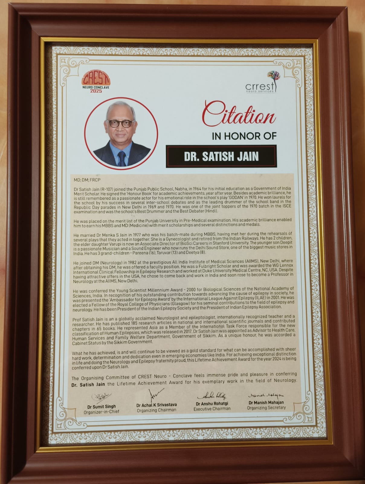 Congratulations Dr. Satish Jain(R-107,1964) For Life Achievement Award